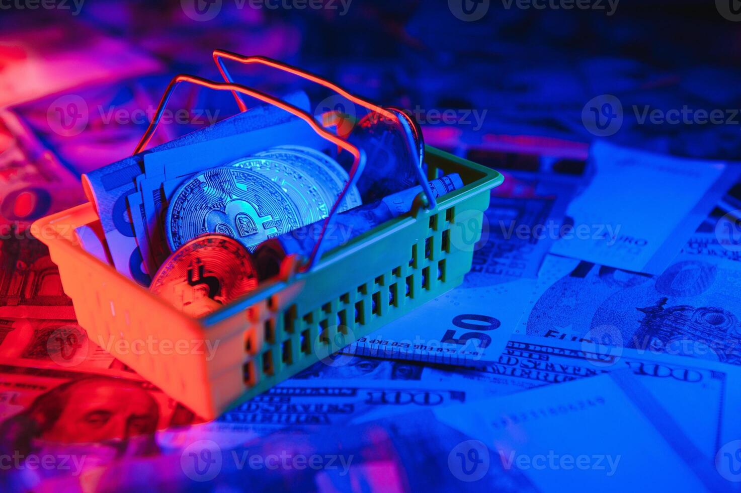 Bitcoin on background of US dollars, euro banknotes. Electronic decentralized money, exchange rate and growth of crypto currency photo