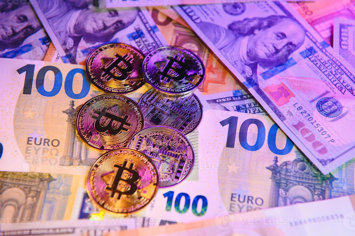 Money background. USA dollar with Euro Banknotes and Bitcoin cryptocurrency investing concept. photo