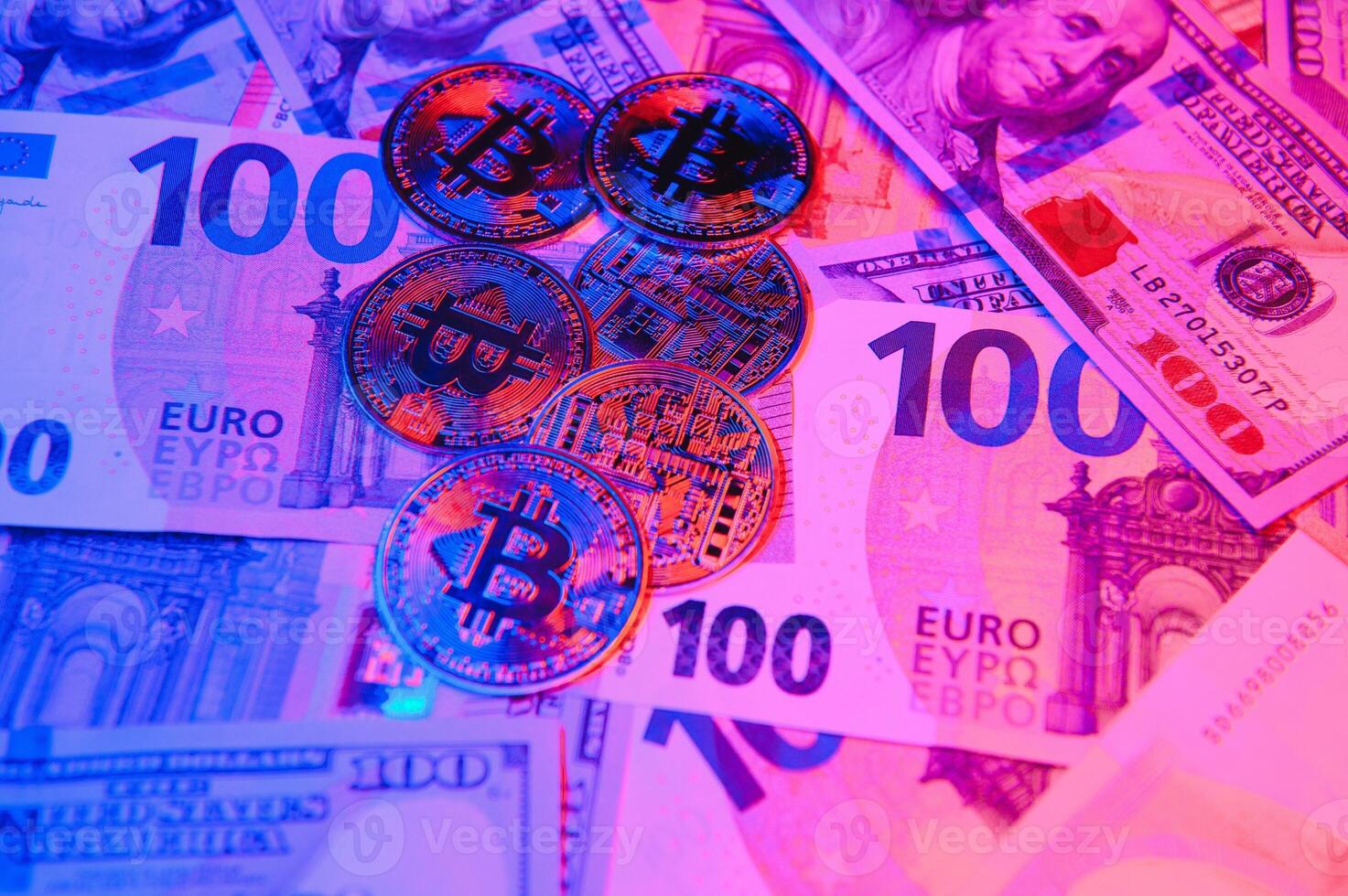 Money background. USA dollar with Euro Banknotes and Bitcoin cryptocurrency investing concept. photo