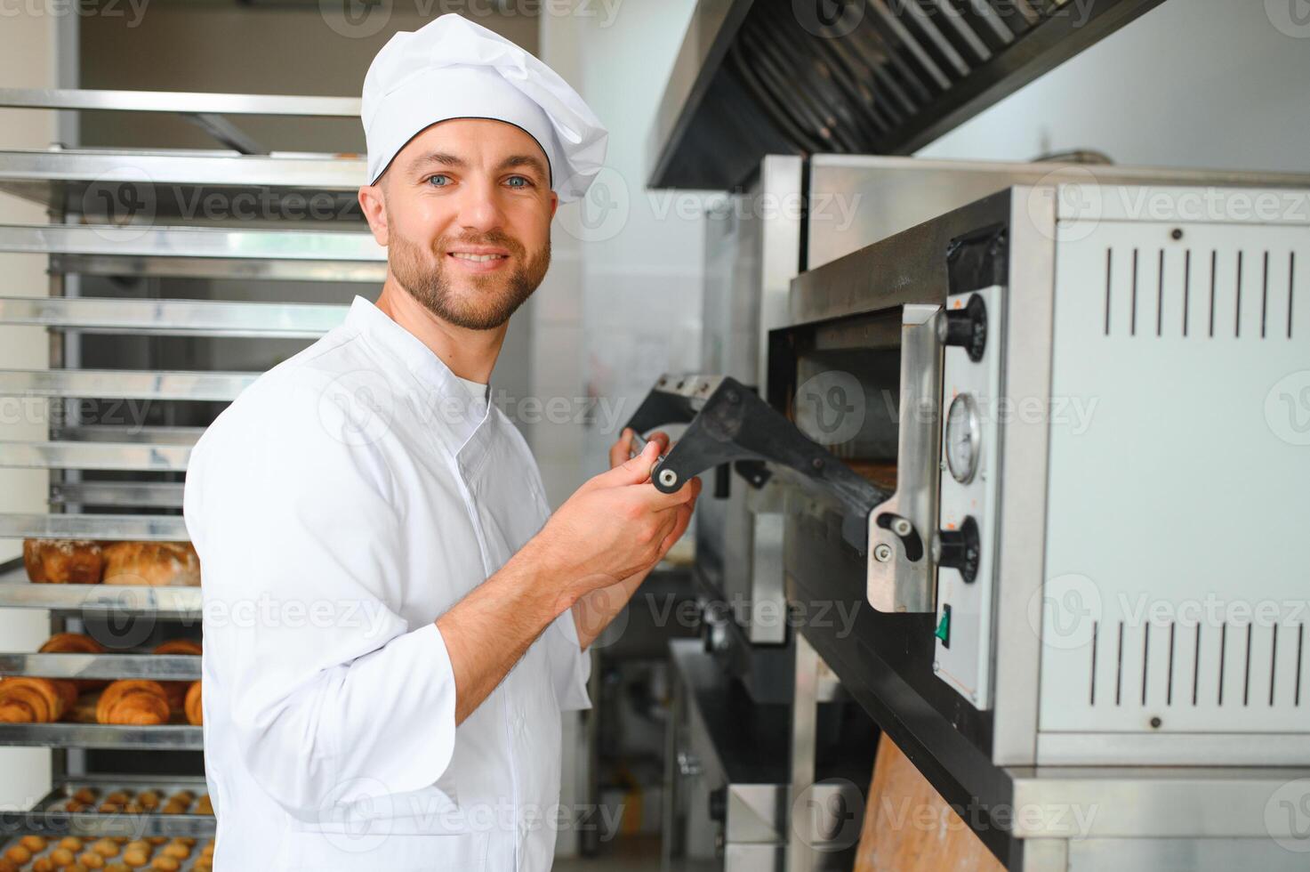 Portrait of handsome baker at the bakery with breads and oven on the background photo