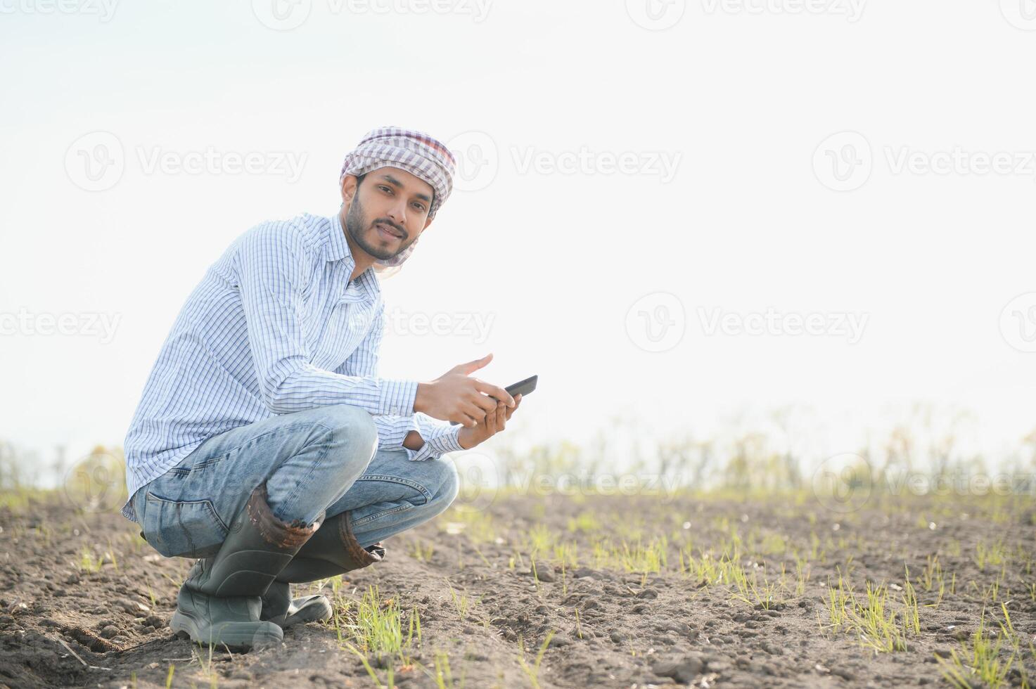 Young indian farmer standing at green turmeric agriculture field photo
