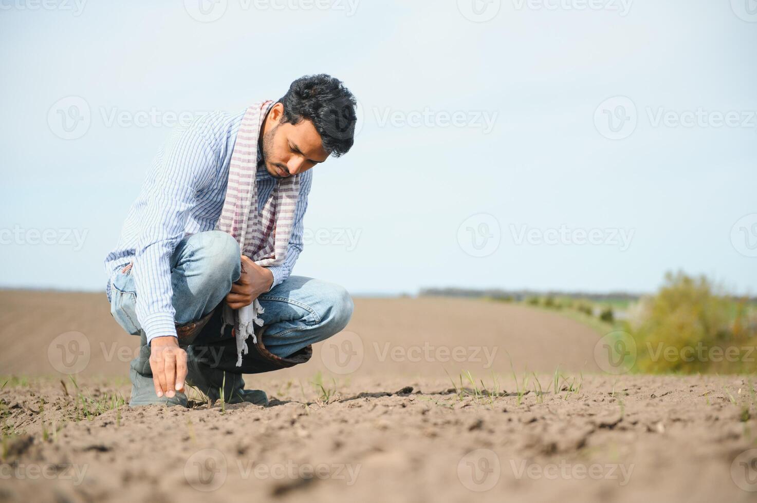 A young Indian farmer inspects his field before sowing. photo