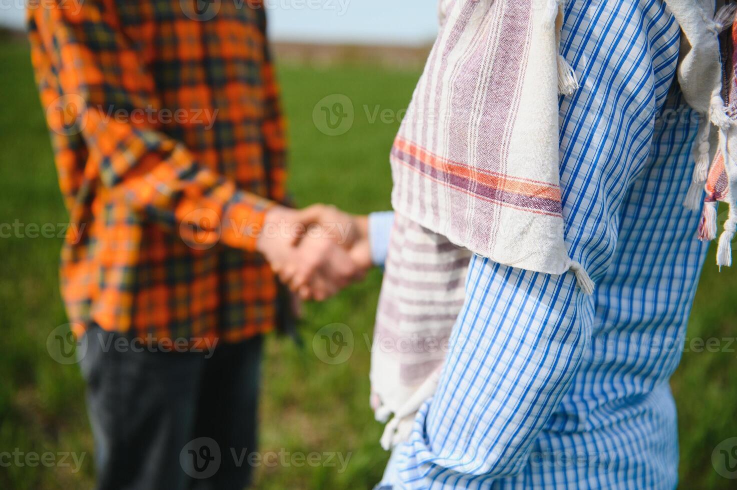 Two indian farmers standing at agriculture field. photo