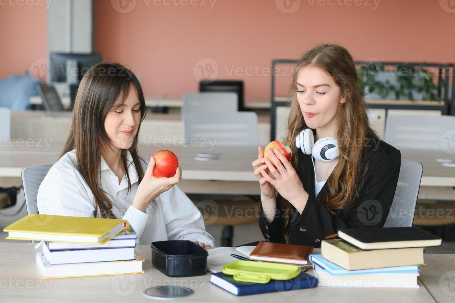 A cute girl smiling at her classmate while having lunch at the desk in school during a break photo