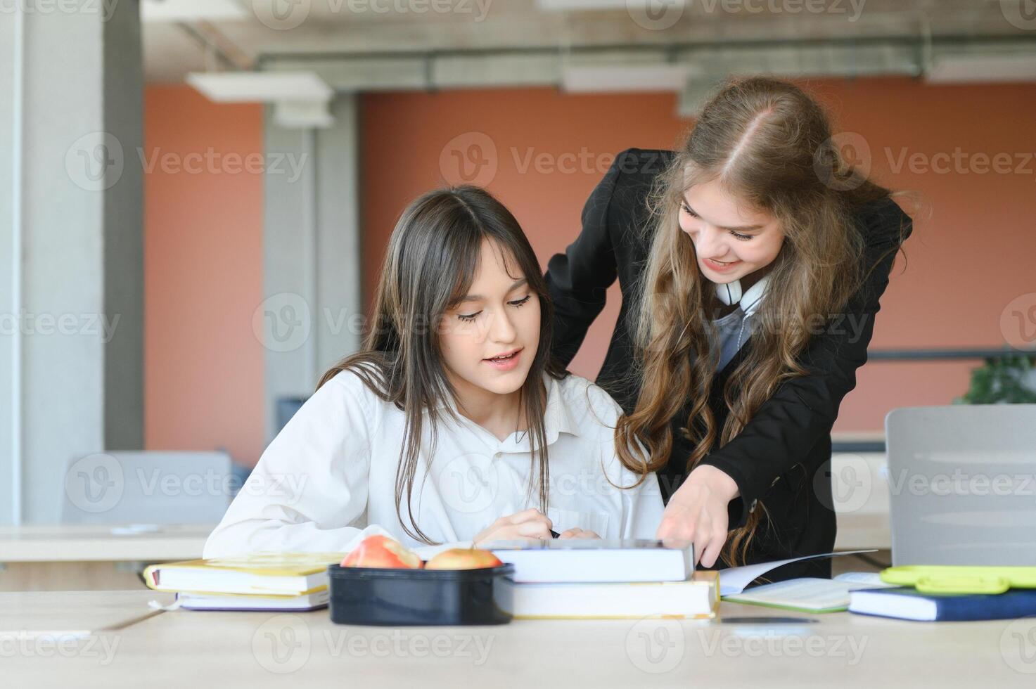 Smiling schoolgirls are talking about homework at the desk in the class. photo