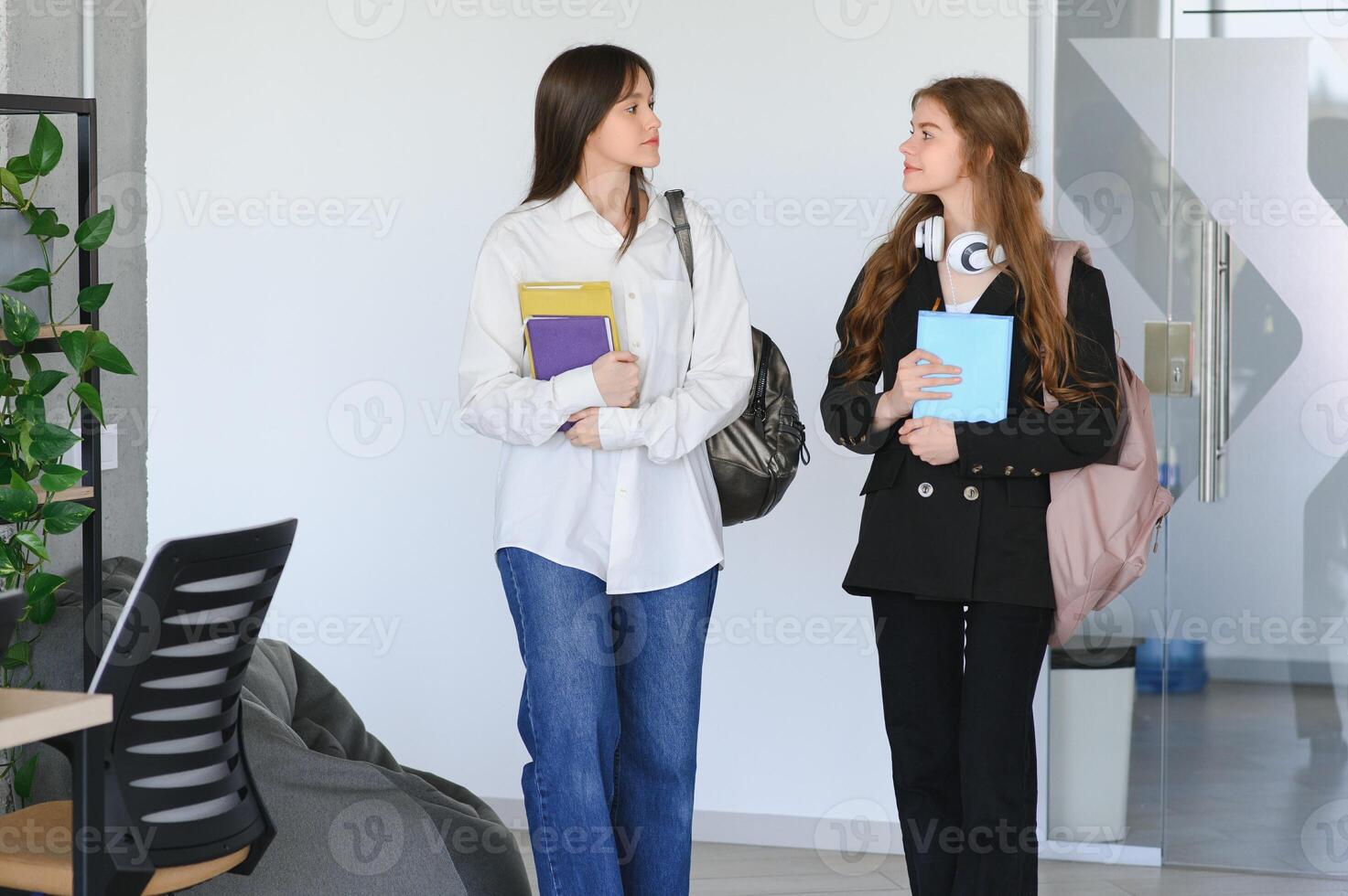 Portrait of two female college students with books smiling and standing at high school hall after their class. Two female college students after lecture photo