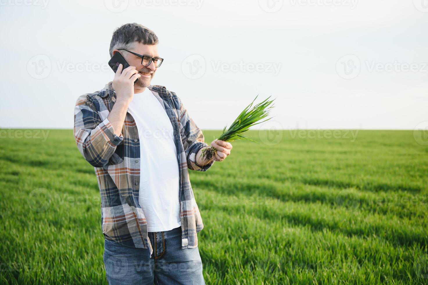 Experienced and confident farmer on his field. Portrait of senior farmer agronomist in wheat field. photo
