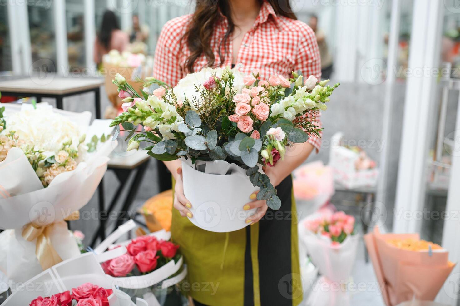 Startup successful sme small business entrepreneur owner woman standing with flowers at florist shop service job. Portrait of caucasian girl successful owner environment friendly concept banner photo