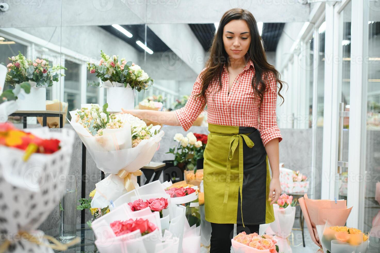 Startup successful sme small business entrepreneur owner woman standing with flowers at florist shop service job. Portrait of caucasian girl successful owner environment friendly concept banner photo