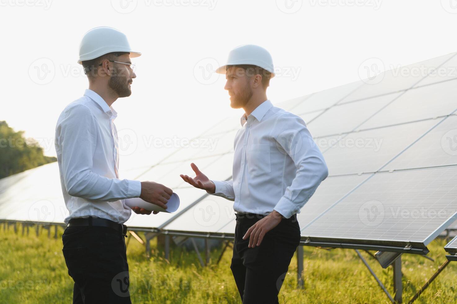engineer and businessman planing new ecology project. around solar panel. photo