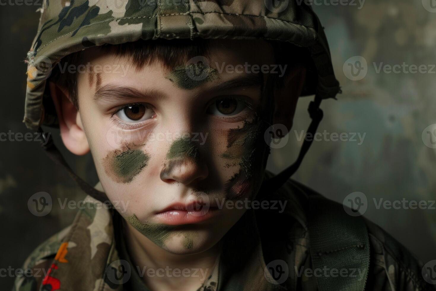 Young boy wearing military fatigues and helmet with camouflage face paint posing for a portrait photo