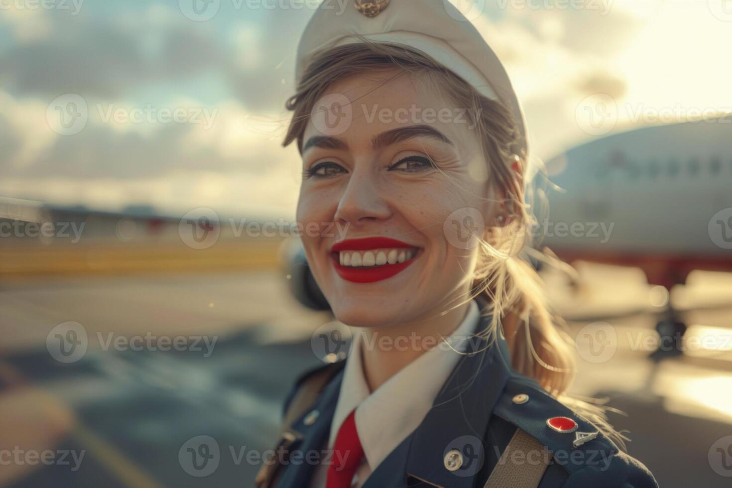 Happy flight attendant in uniform and hat smiling warmly, captured in soft-focus with a sunset glow and an airplane in the background at the airport photo