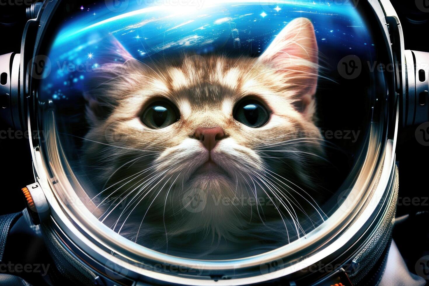 Curious kitten astronaut exploring the galaxy wearing space suit photo