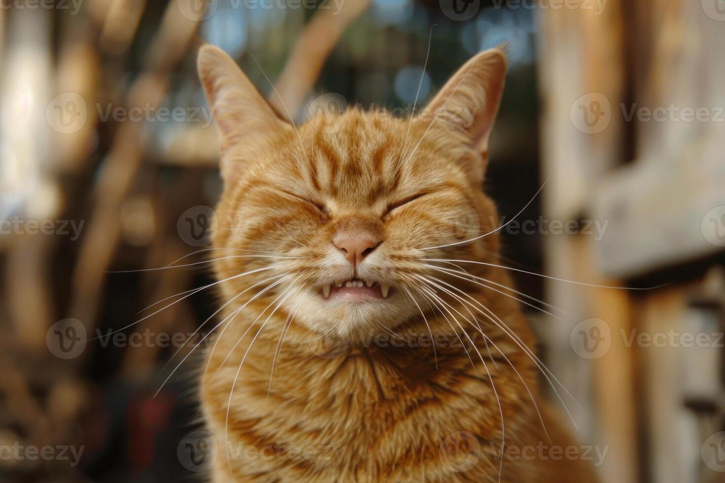 Ginger cat smiling showing teeth photo
