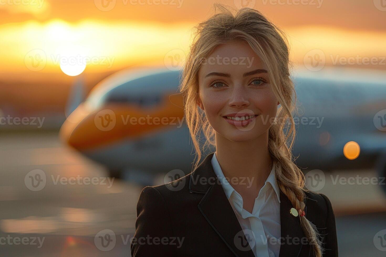 Professional young woman in a suit smiles at the camera with a sunset and an airplane in the background at an airport, depicting travel and corporate lifestyle photo