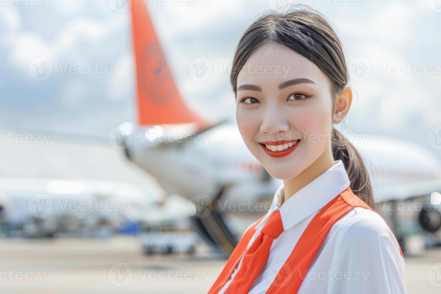 Confident professional flight attendant warmly welcomes passengers in her uniform, with an airplane and clear sky in the background. Exuding hospitality and preparedness for travel photo
