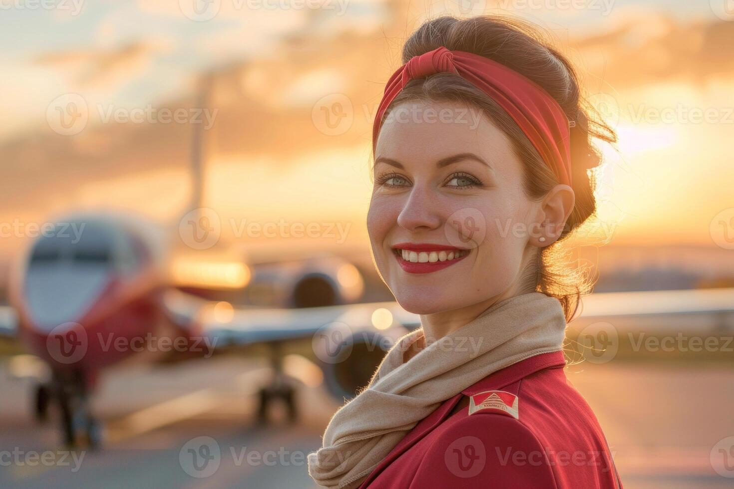 Confident female flight attendant in a professional red uniform standing at the airport with a radiant smile, as the sun sets behind her and an airplane in the background photo