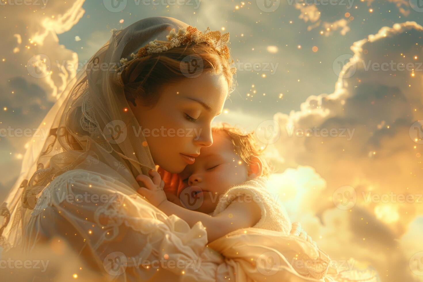 Serene portrait of a mother cradling her sleeping child in a dreamlike golden light, conveying peace, love, and the angelic bond between mother and infant photo