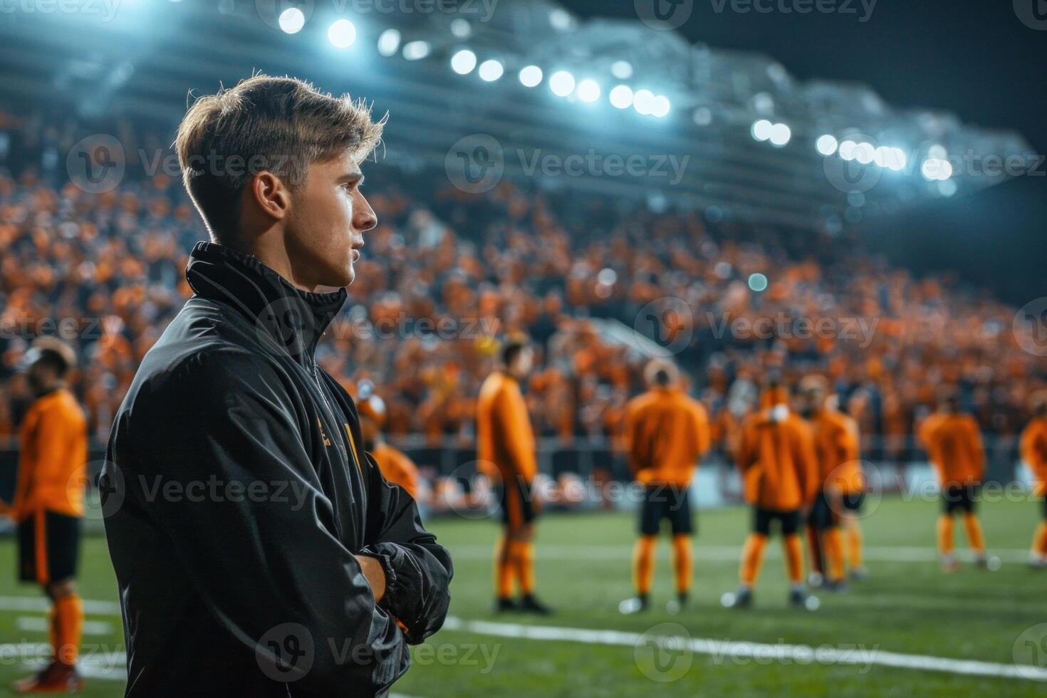 Soccer coach providing tactical guidance to his team under the evening stadium lights, with an engaged crowd in the background photo