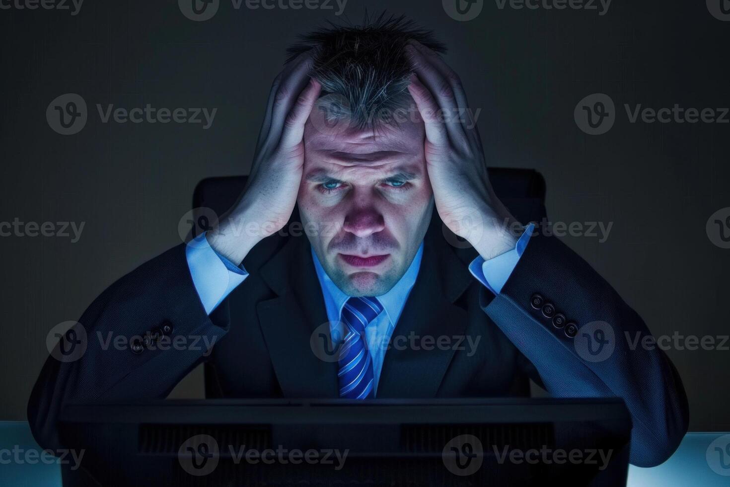 Overworked businessman feeling the strain while working late at night, lit by the glow of his computer screen in a dim office setting photo
