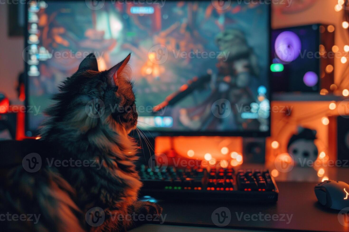 Cat sitting desk observing computer screen photo