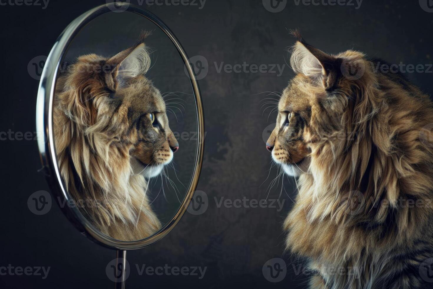 Majestic lion looking at its reflection in a round mirror against a dark background photo