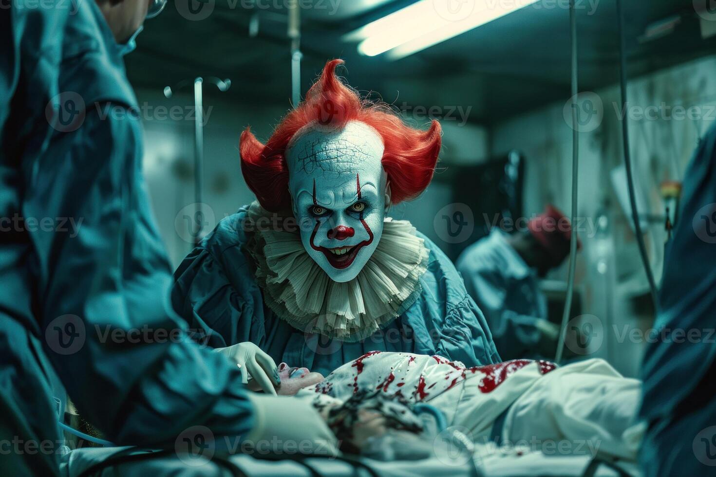 Evil clown smiling during surgery in a hospital operating room photo