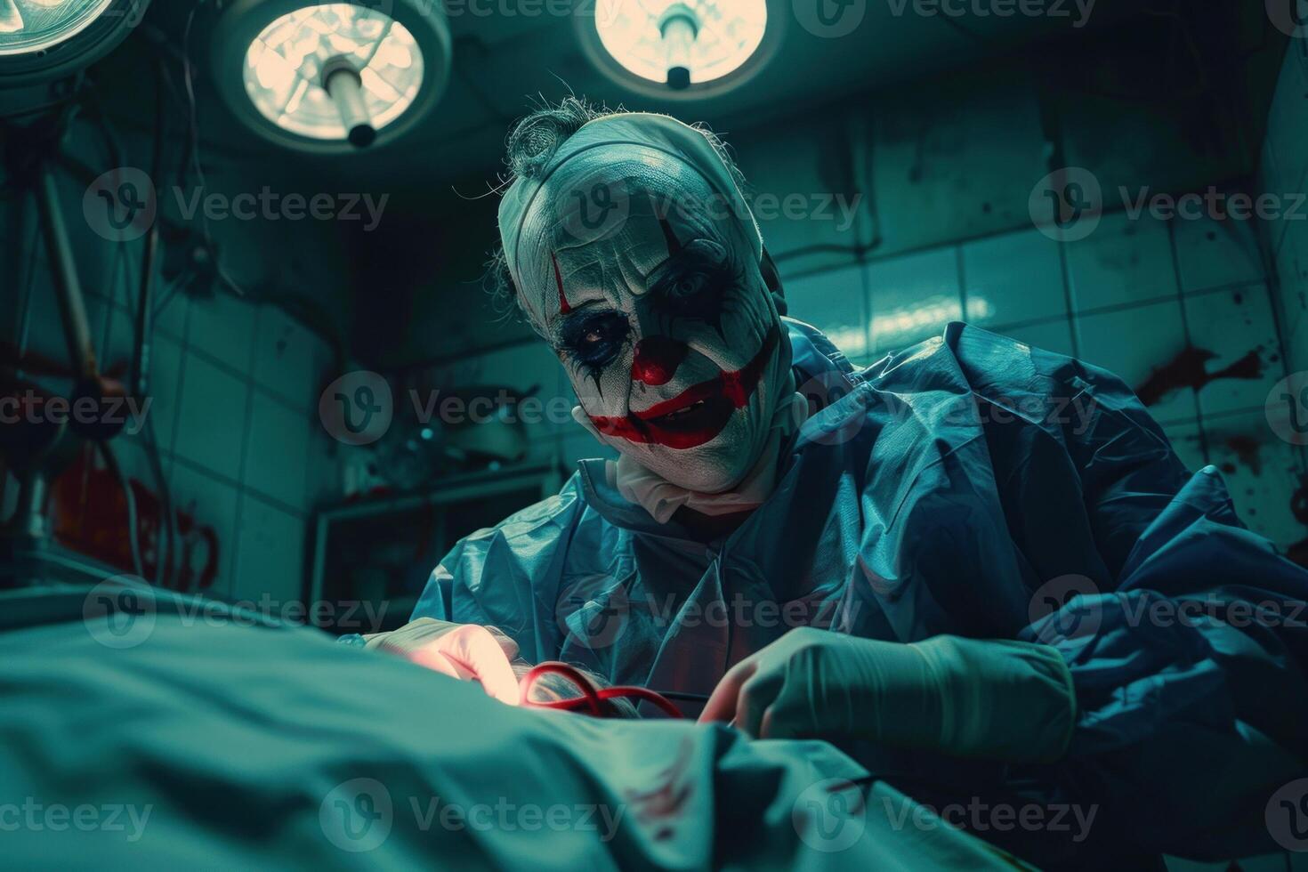 Evil clown doctor performing surgery in dark operating room photo