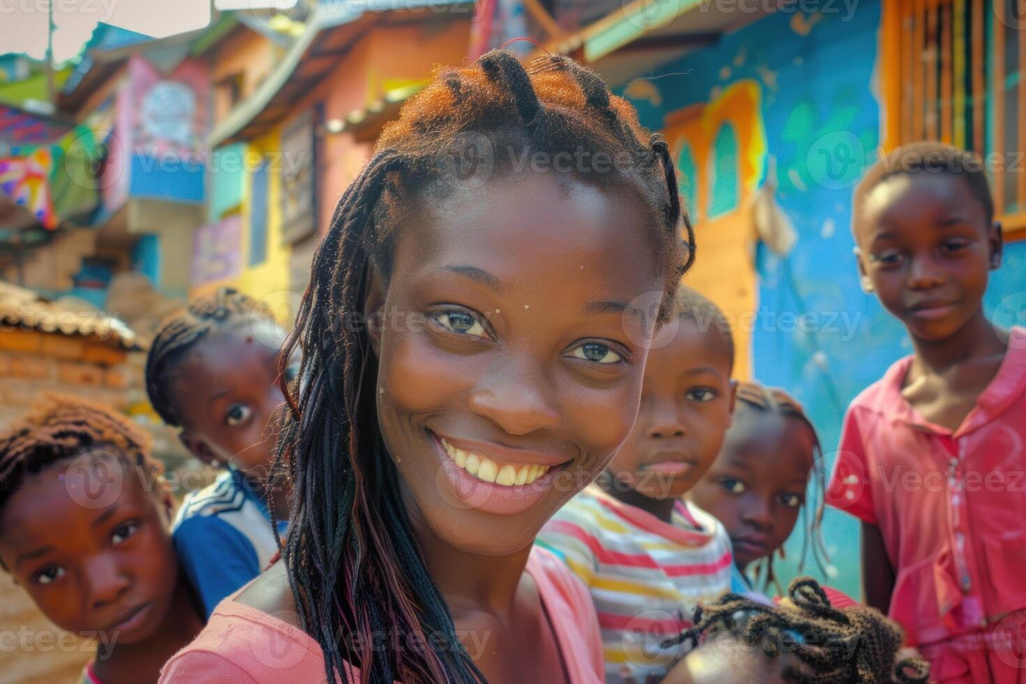 Heartwarming portrait of a joyful young woman with a group of children, set against vibrant street art photo