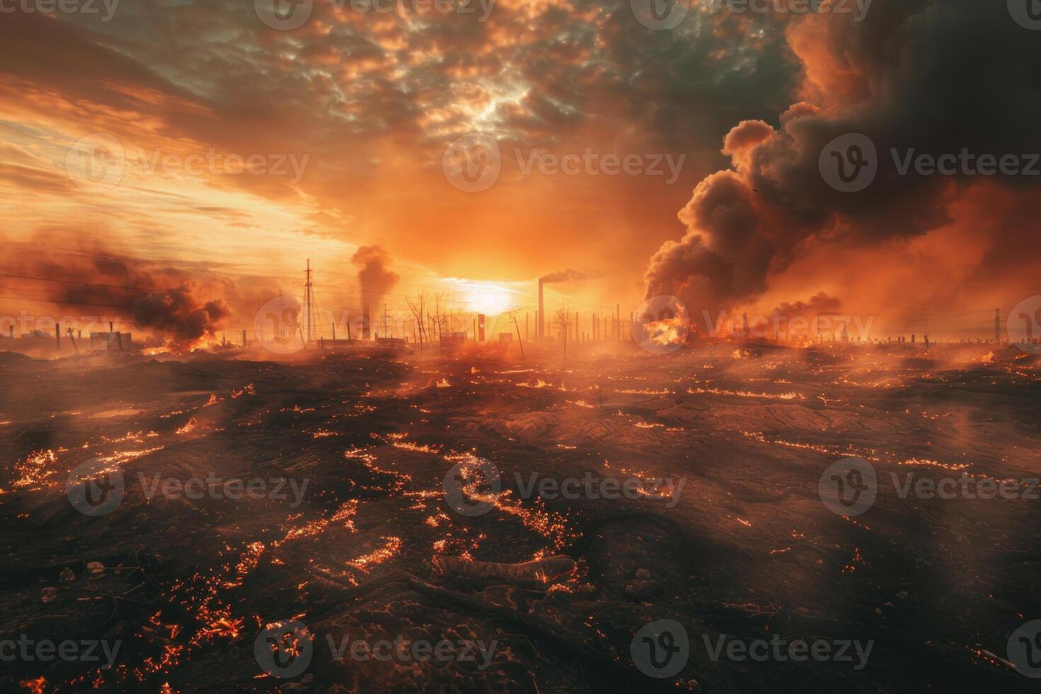 Stunning sunset over a fiery terrain showcasing the profound effects of climate change photo