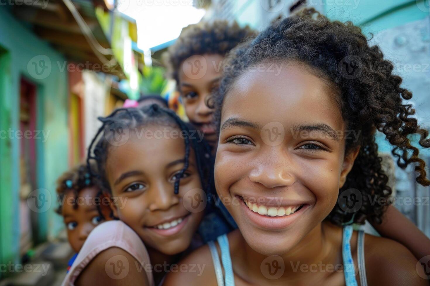 Close-up of a joyful young woman surrounded by smiling kids in a lively community photo
