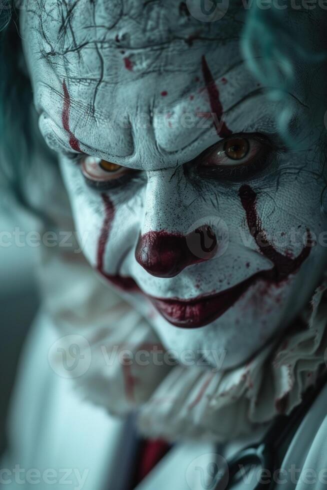 Sinister clown in medical attire with a chilling smile, creating a sense of dread and anticipation against a blurred backdrop photo