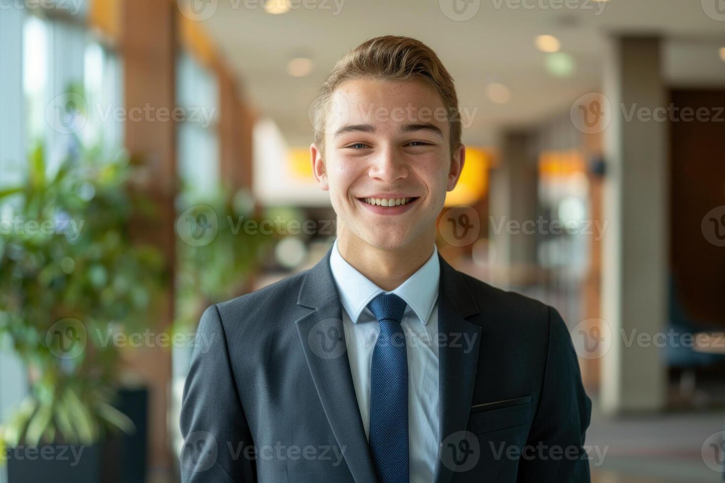 Confident young professional man in a tailored suit and tie smiles in a modern office setting, exuding positivity and approachability photo