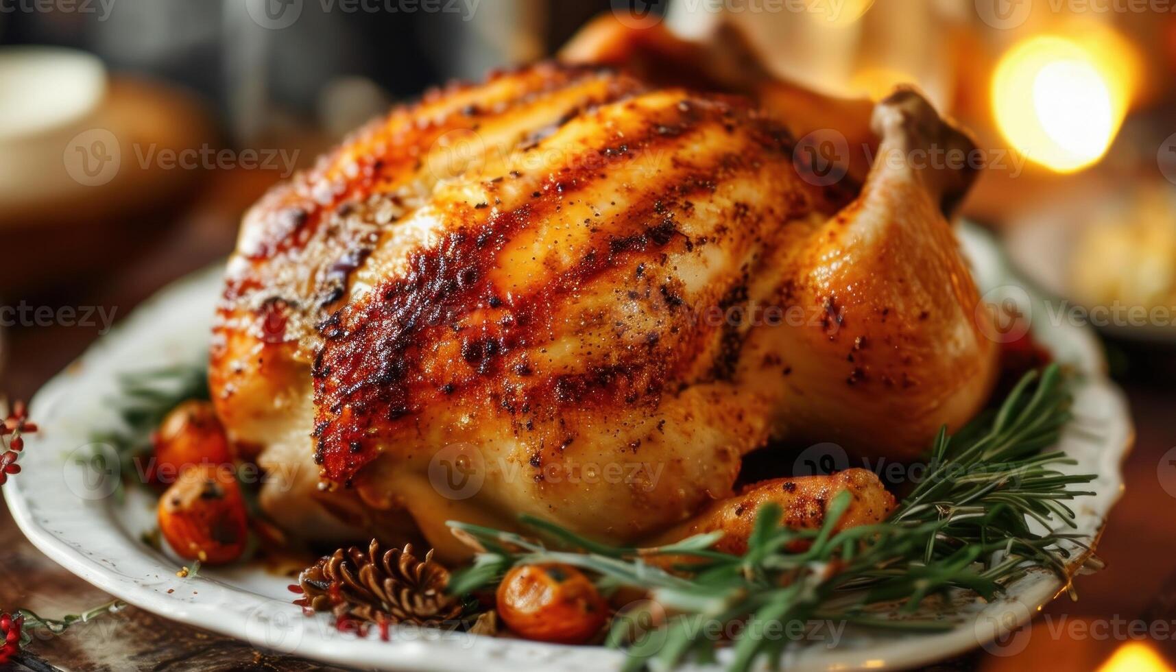 Close-up image of a succulent roasted chicken with golden crispy skin served on a white platter garnished with herbs, perfect for festive occasions and family dinners photo