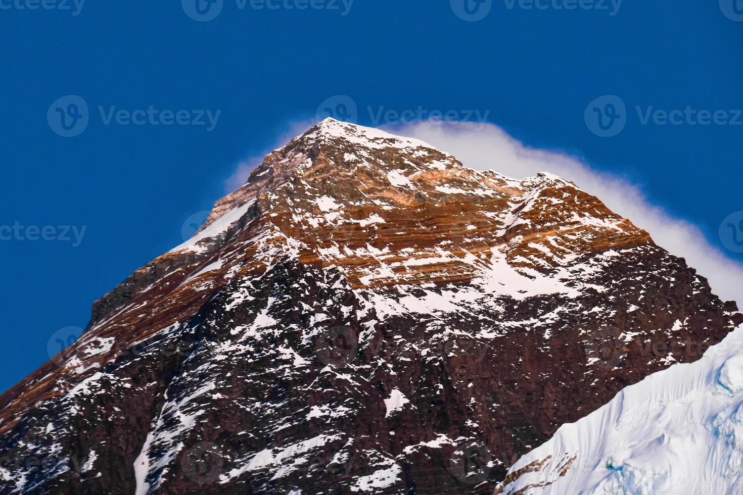 Close up Evening colorful Mount Everest peak covered in clouds motion. Khumbu valley, Solukhumbu, Sagarmatha national park, Nepal. Top of the world. 8000er. Highest peak photo