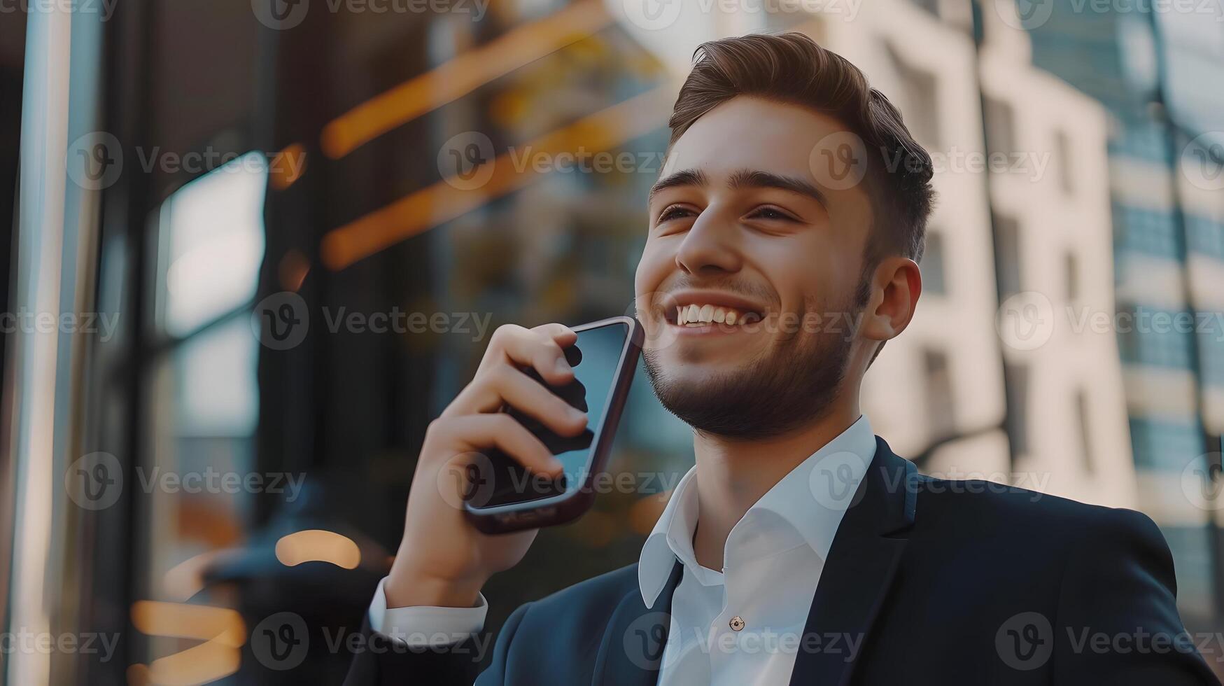 Confident Young Professional Businessman Discussing on Mobile Phone photo