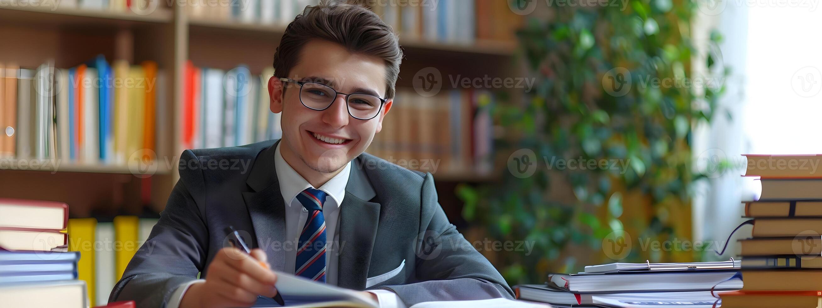 Dedicated Young Businessman Studying Intently in Cozy Library Setting photo