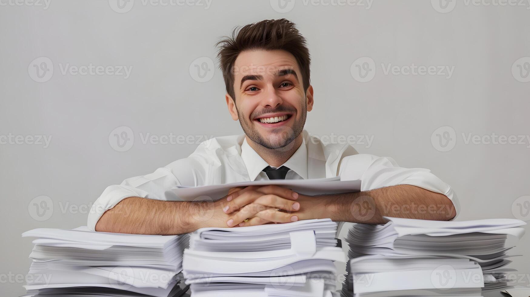 Diligent Young Business Professional Happily Handling Paperwork at Office Desk photo