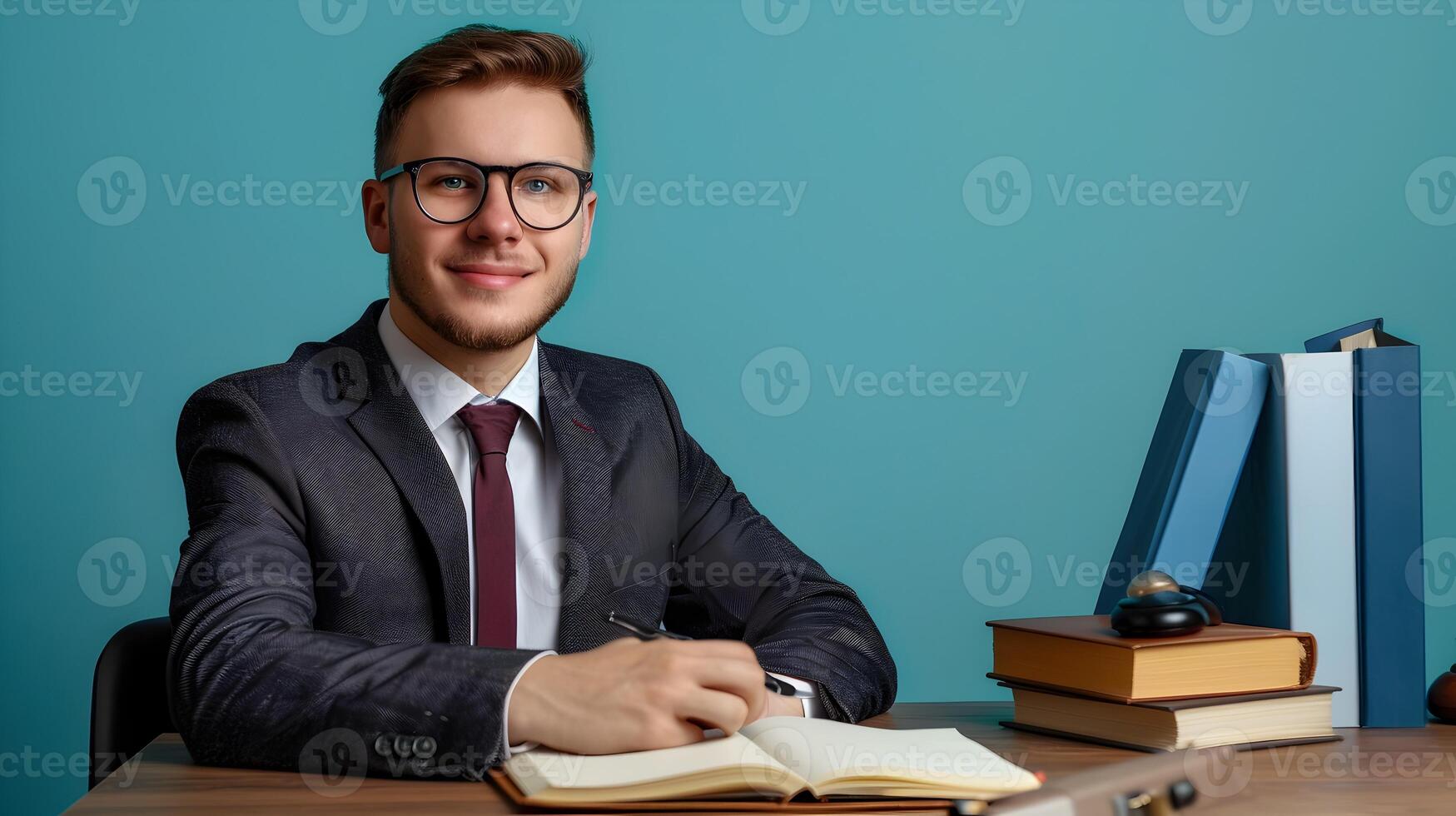 Happy Young Attorney Exuding Professional Success in Vibrant Office photo