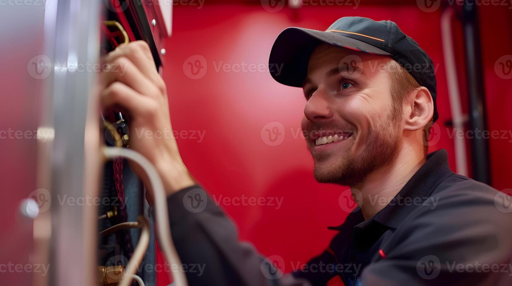 Happy Young HVAC Technician Demonstrating Skill and Pride in Vibrant Work Environment photo