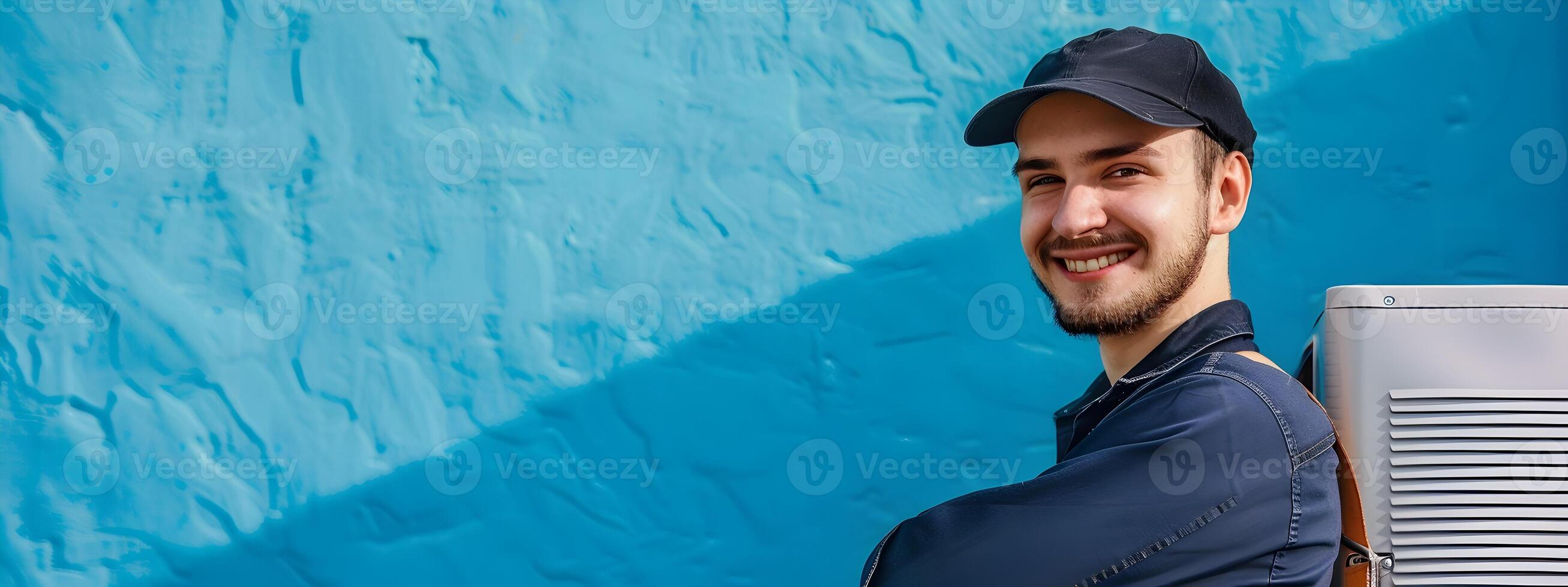 Happy Young HVAC Technician Exuding Pride and Confidence in a Colorful Portrait photo