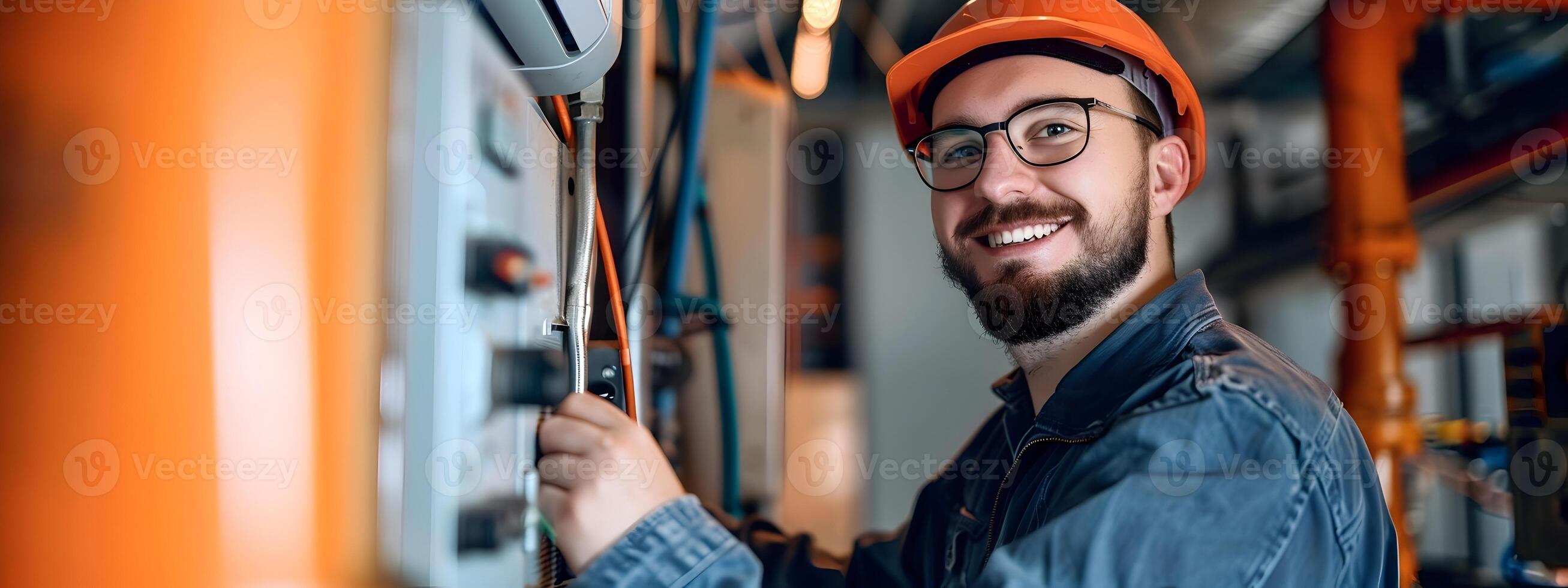 contento joven hvac técnico Maestro de enfriamiento y calefacción sistemas en un vibrante antecedentes foto