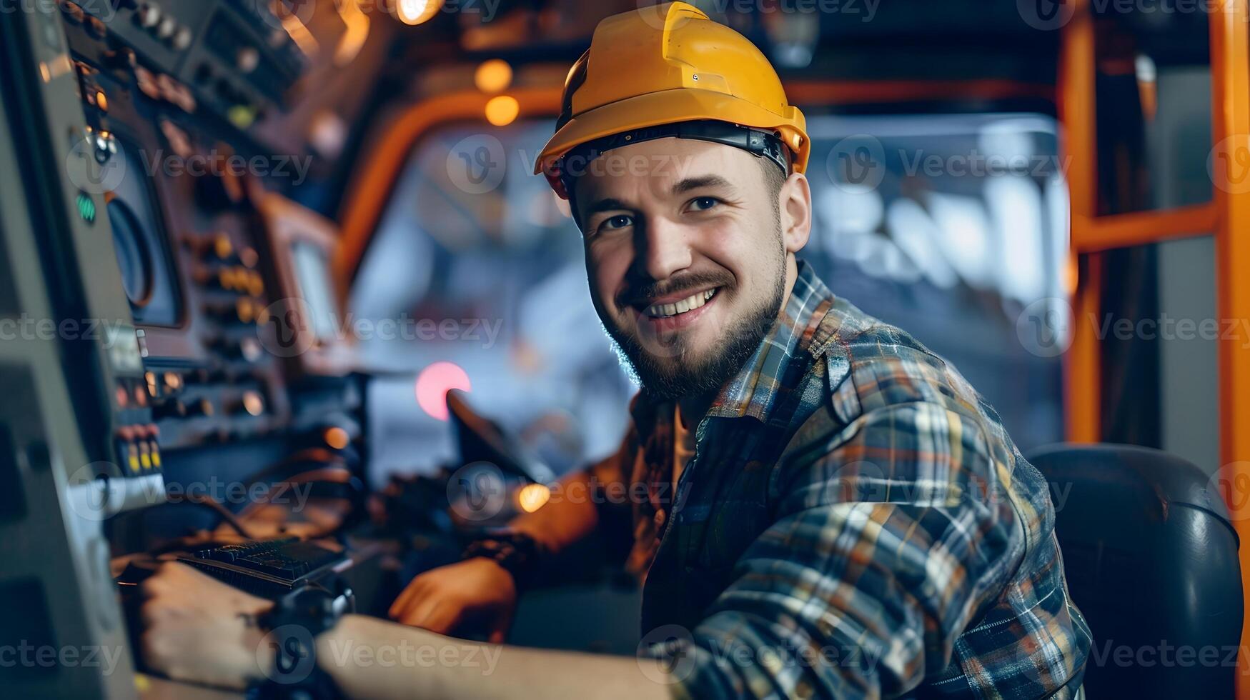 Happy Young Machinery Operator in Control Panel A Portrait of Industrial Excellence photo