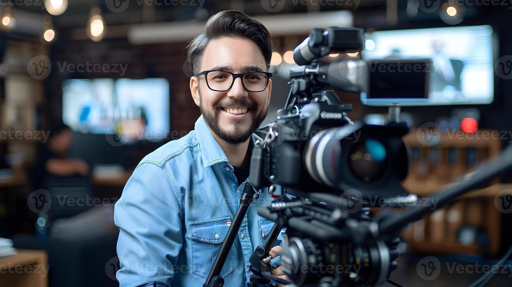 Joyful Media Specialist Capturing Footage in Modern Studio Setting photo