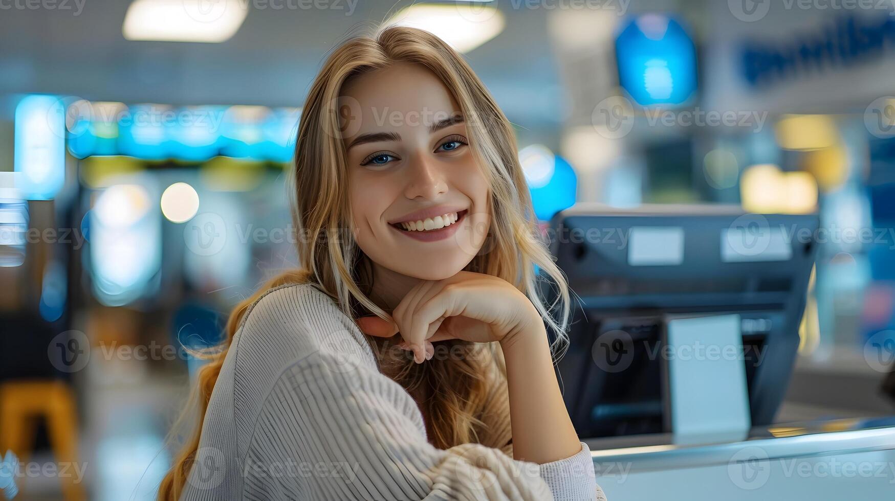 Joyful Young Bank Teller Excelling in Financial Services Career photo