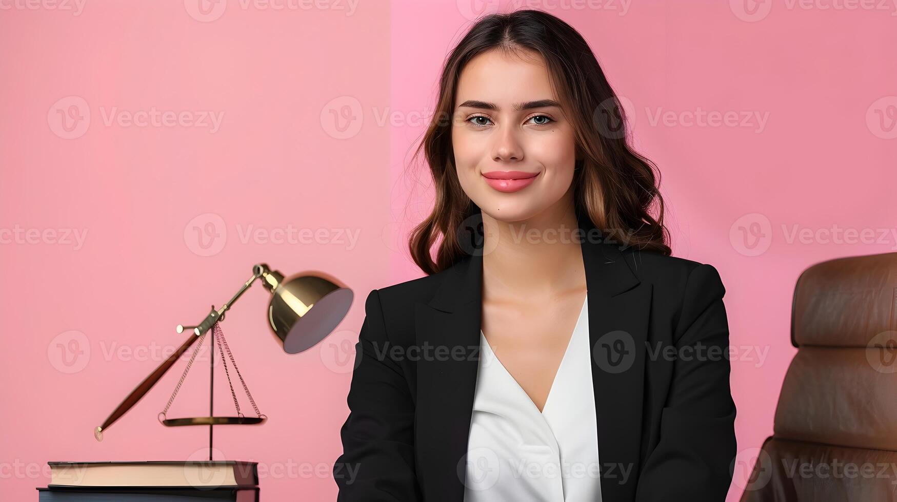 Happy Young Paralegal Exuding Success and Dedication at Colorful Office Desk photo