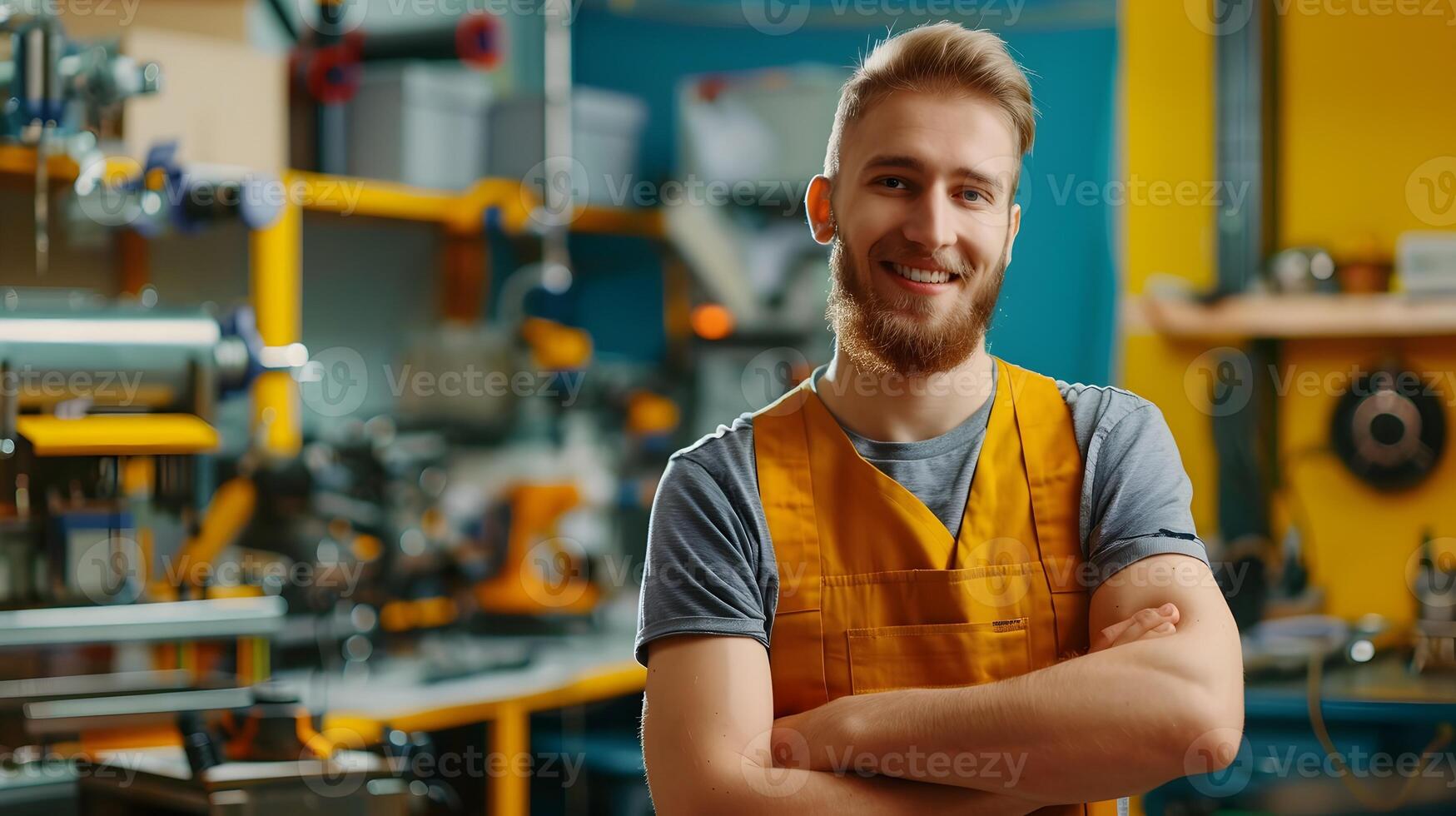 Happy Young Manufacturing Assembler Exudes Job Satisfaction in Vibrant Work Environment photo