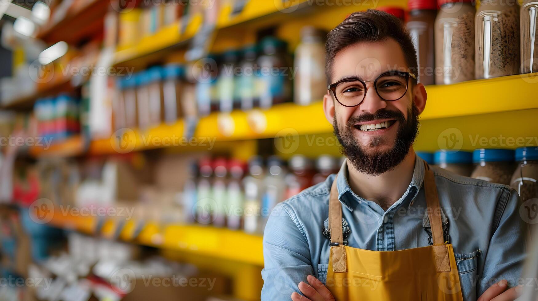 Happy Young Shelf Exuding Joy and Efficiency in a Vibrant Retail Environment photo