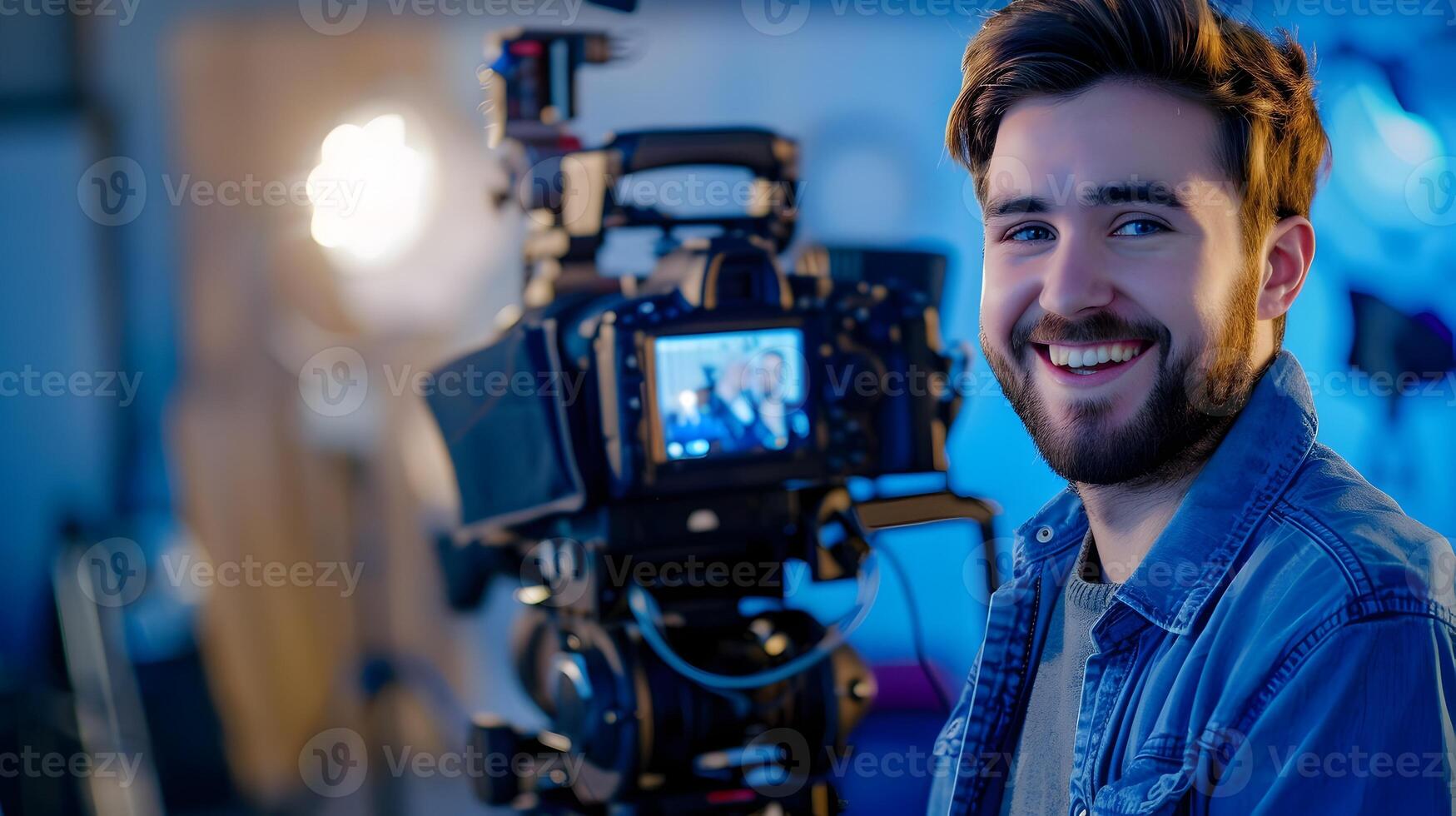 Cheerful Young Professional Film Director Capturing a Scene on photo