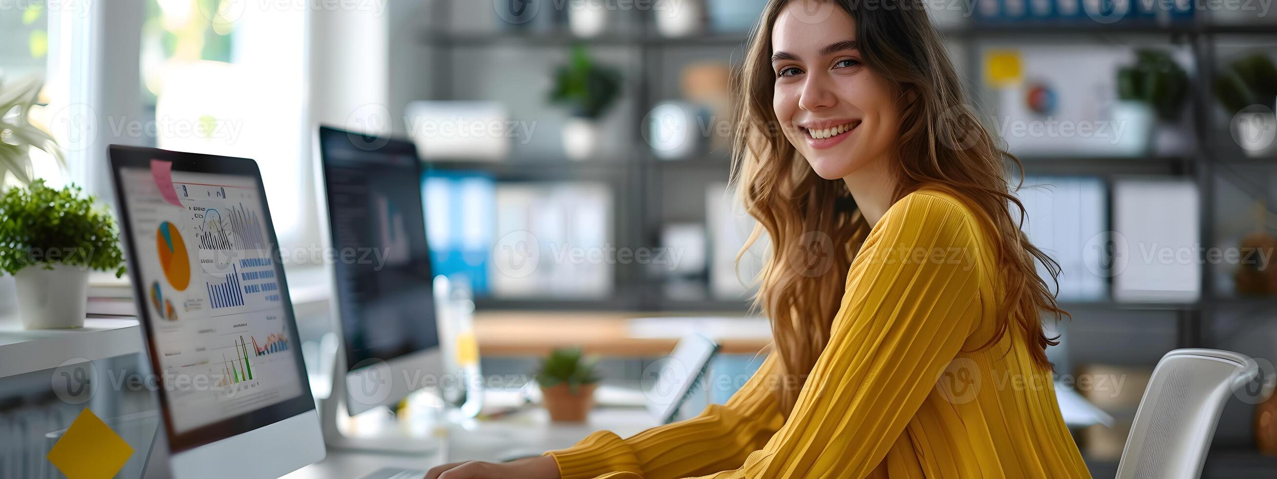 Confident Young Female Administrative Analyst Optimistically Working at Her Desk with Computer photo